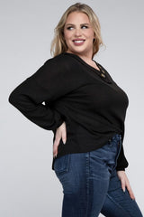 Plus Brushed Waffle V-Neck Button Detail Sweater king-general-store-5710.myshopify.com