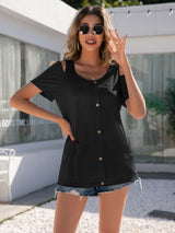 Ivy Lane Decorative Button Round Neck Cold Shoulder T-Shirt