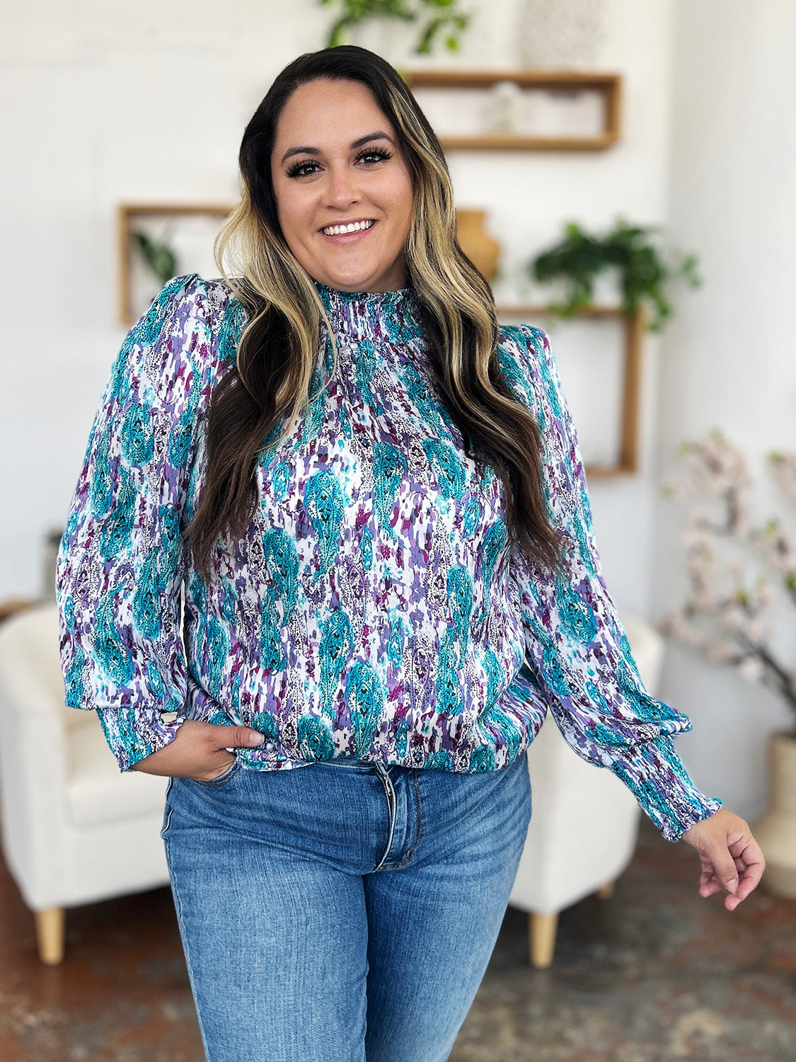 Double Take Full Size Printed Smocked Long Sleeve Blouse