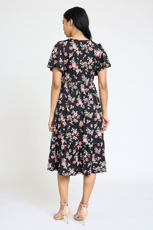 Floral Angel Sleeve Midi Dress