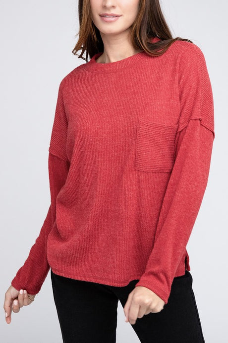 Ribbed Brushed Melange Hacci Sweater with a Pocket king-general-store-5710.myshopify.com