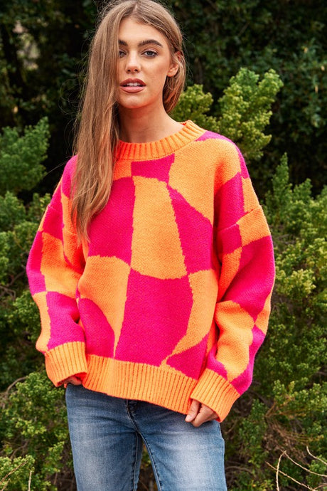 Multi Geo Checker Pullover Knit Sweater Top king-general-store-5710.myshopify.com
