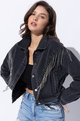 Crop Denim Jacket with Rhinestone Fringe