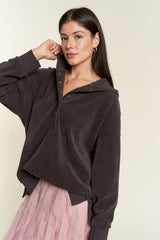 Long Sleeve Button Down Ribbed Hooded Sweatshirt king-general-store-5710.myshopify.com