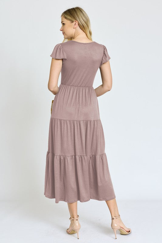 Solid Flutter Sleeve Tiered Tea Length Dress king-general-store-5710.myshopify.com