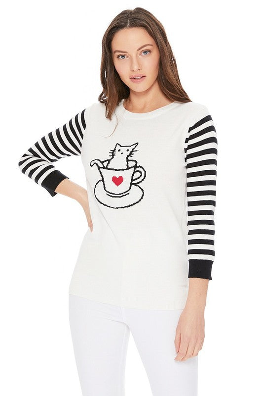 Cute Cat In Cup Jacquard Sweater Top king-general-store-5710.myshopify.com