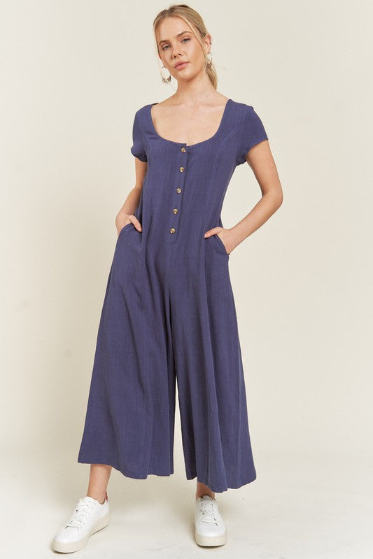 Linen Button Down Short Sleeve Jumpsuit