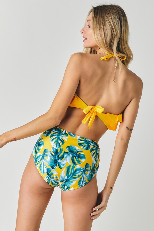 Solid Ruffle Top And Printed Bottom Swimsuit king-general-store-5710.myshopify.com