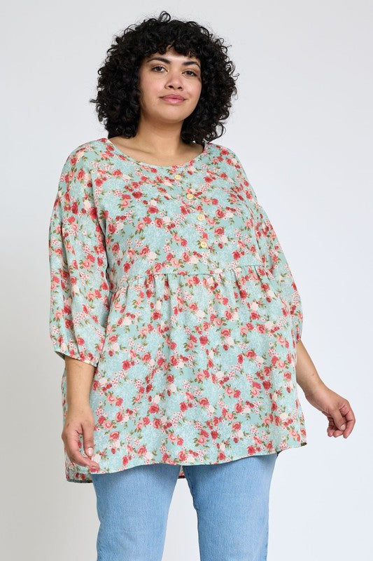 Lightweight Button Accent Ditsy Floral Tunic Top