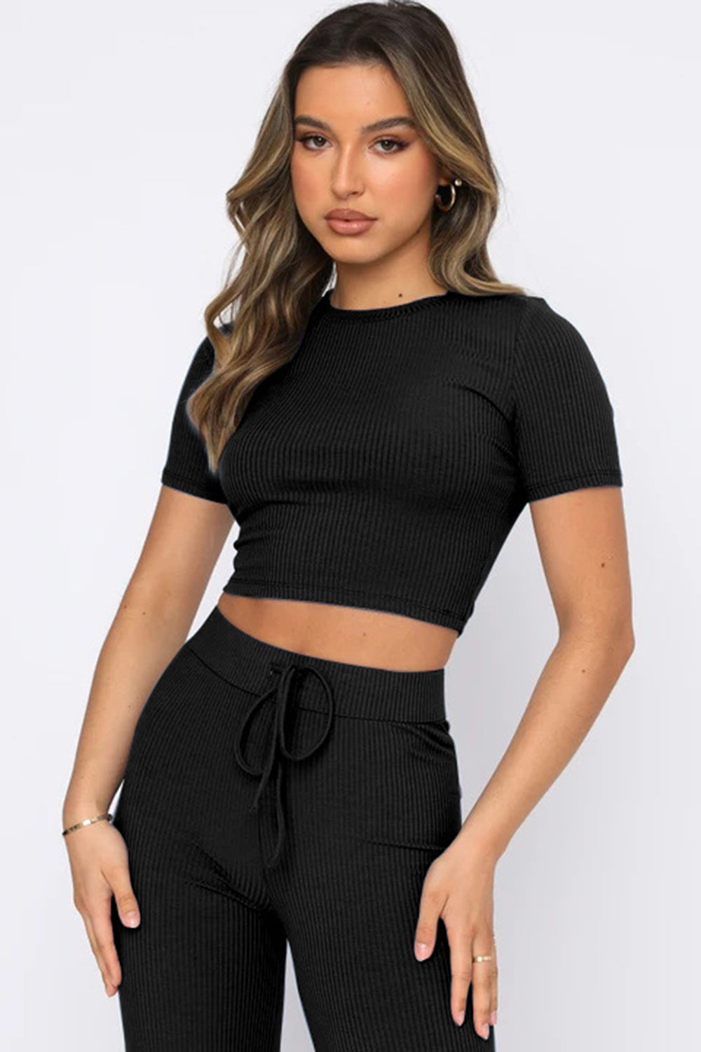 Round Neck Short Sleeve Top and Pants Set