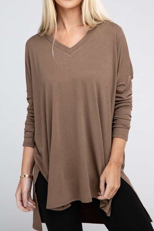 Dolman Long Sleeve V-Neck Side Slit Hi-Low Hem Top king-general-store-5710.myshopify.com