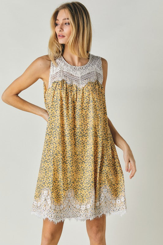 Printed Sleeveless Lace Trim Mini Dress king-general-store-5710.myshopify.com