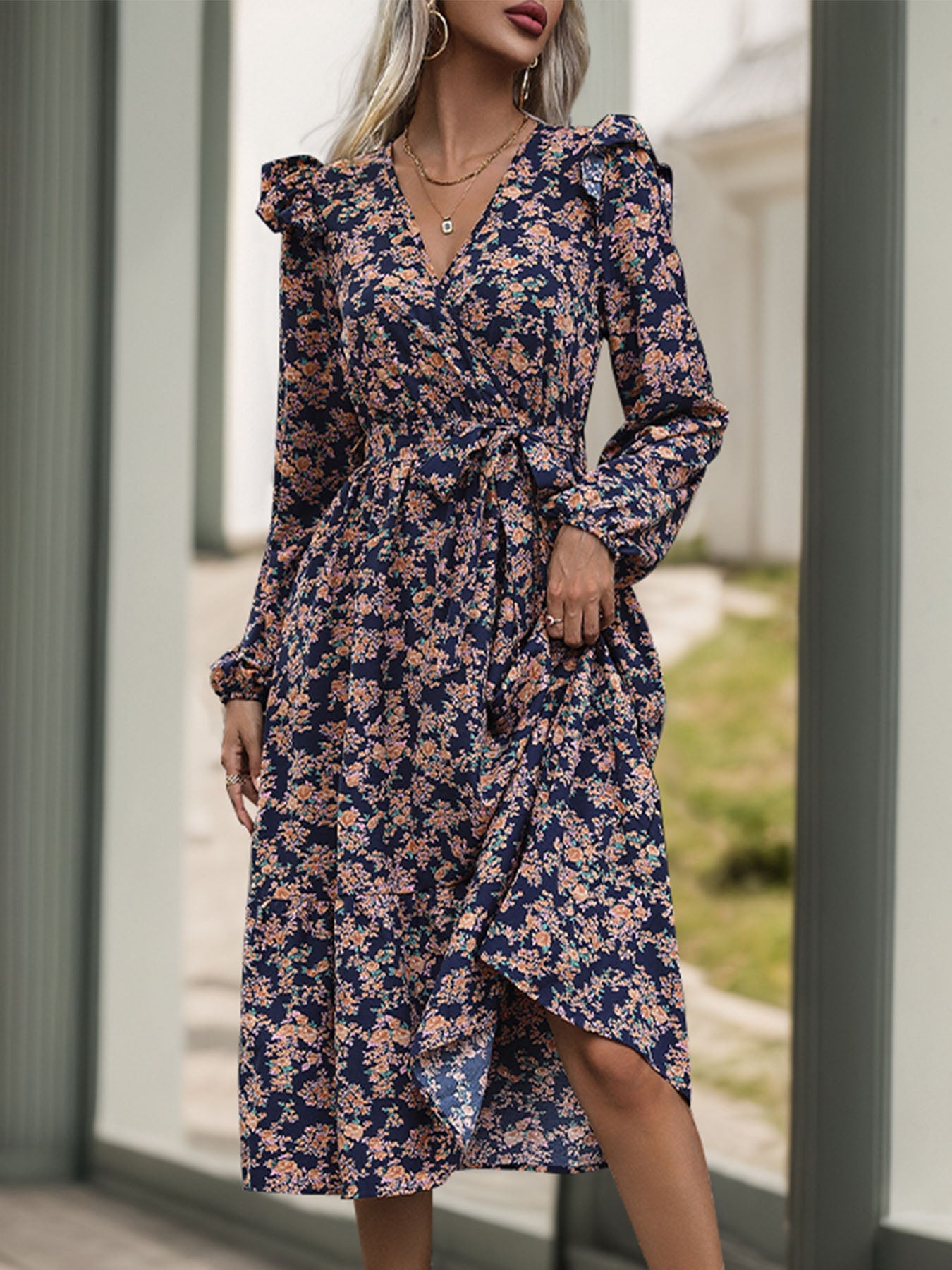 Perfee Printed Surplice Long Sleeve Midi Dress