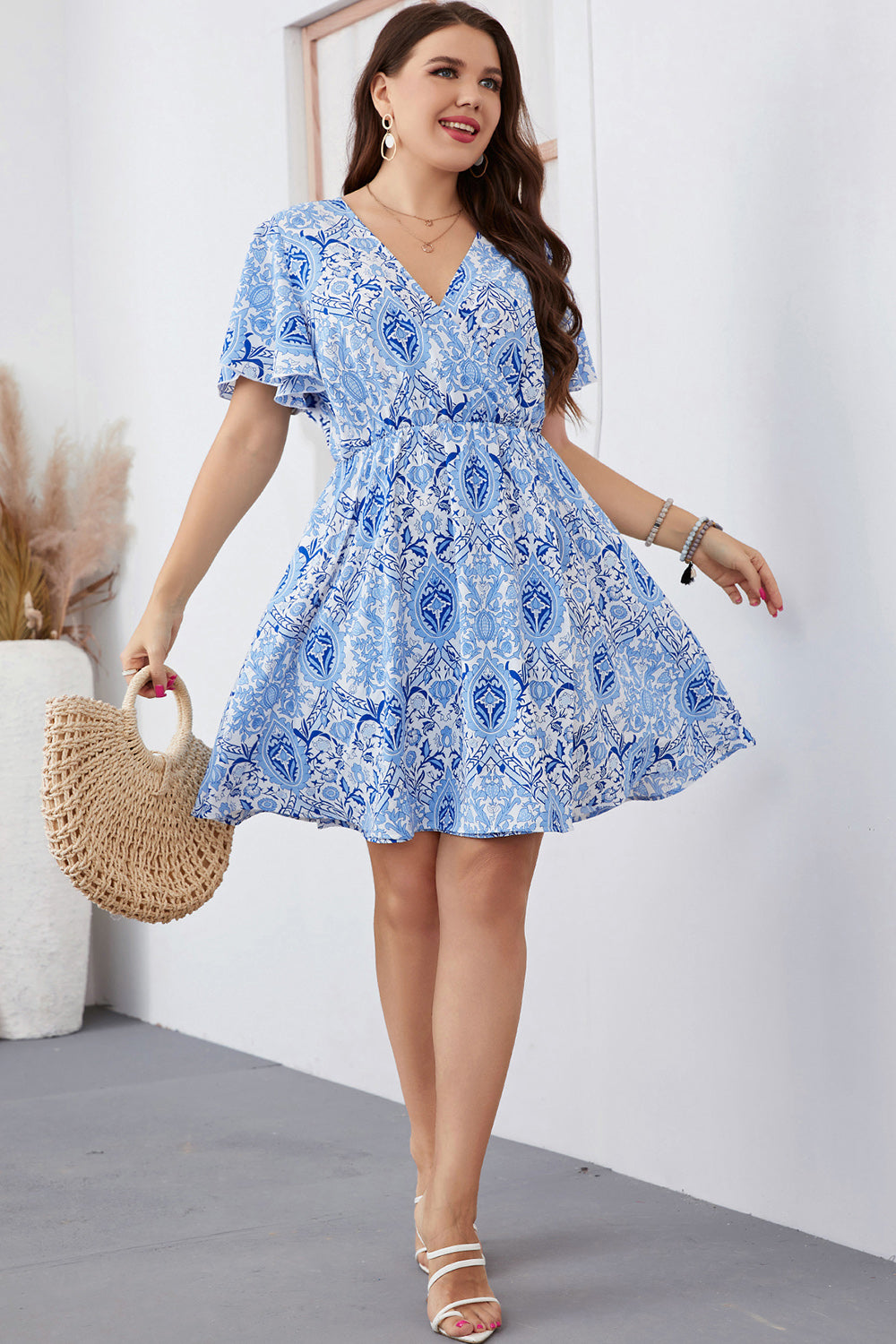 Honey Plus Size Surplice Neck Flutter Sleeve Dress