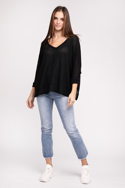 V-Neck Hi-Low Hem Jacquard Sweater king-general-store-5710.myshopify.com