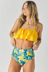 Solid Ruffle Top And Printed Bottom Swimsuit king-general-store-5710.myshopify.com