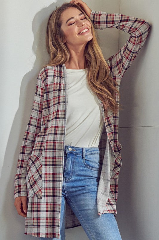 Plaid Long Sleeve Side Pockets Cardigan