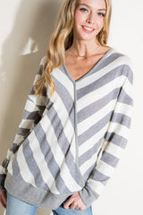 HACCI SLUB STRIPE V NECK TOP