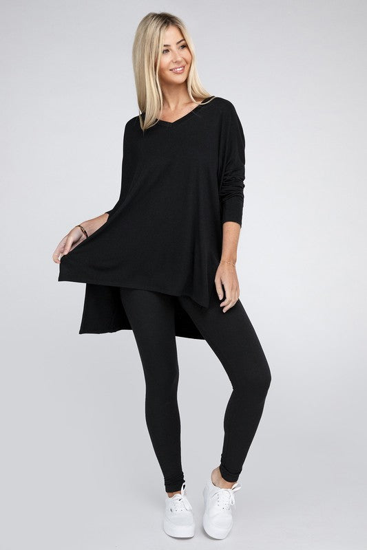 Dolman Long Sleeve V-Neck Side Slit Hi-Low Hem Top king-general-store-5710.myshopify.com