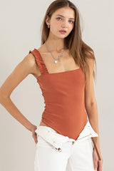 Ribbed Ruffle Strap Sleeveless Bodysuit