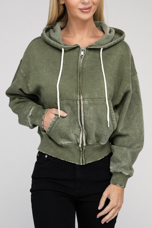 Acid Wash Fleece Cropped Zip-Up Hoodie king-general-store-5710.myshopify.com