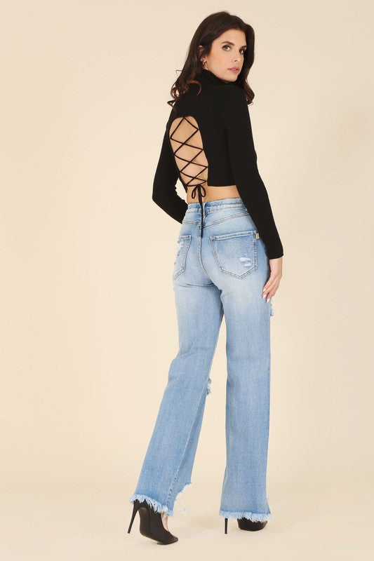 Mock Neck Lace-Up Open Back Top king-general-store-5710.myshopify.com