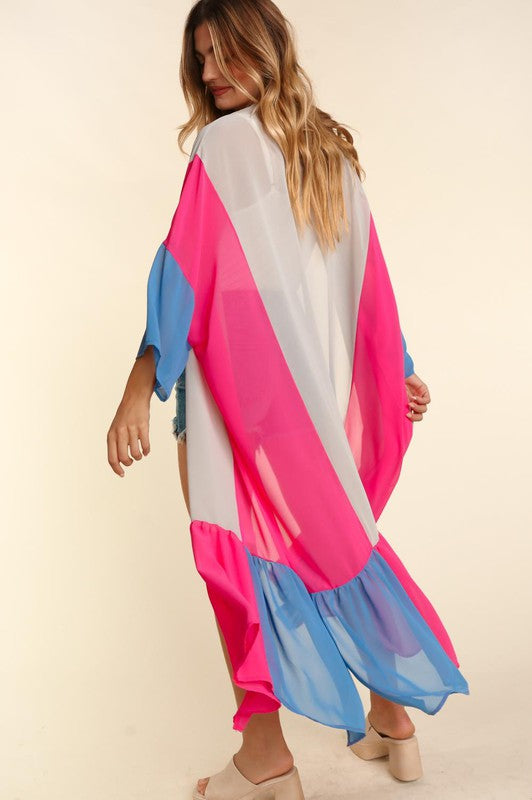 Color Block Kimono Maxi Open Cardigan