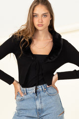 Miss Mesmerize Fur Trim Tie Front Ribbed Cardigan king-general-store-5710.myshopify.com