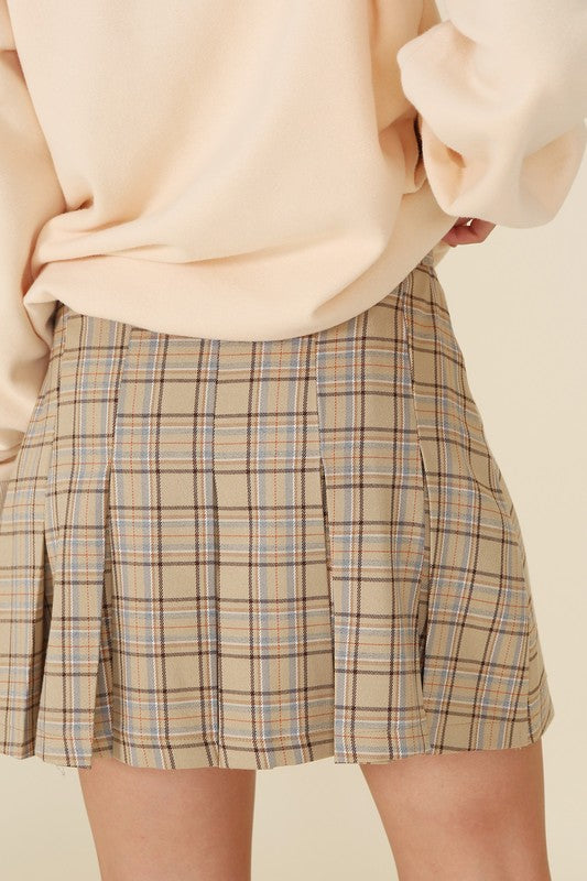 Beige Check Plaid Pleated Mini Skirt king-general-store-5710.myshopify.com