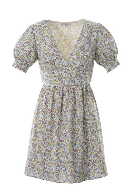 Yellow Violet Floral V-Neck Dress king-general-store-5710.myshopify.com