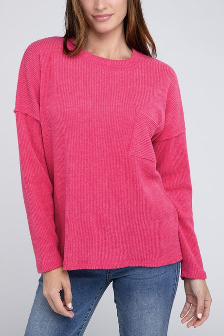 Ribbed Brushed Melange Hacci Sweater with a Pocket king-general-store-5710.myshopify.com