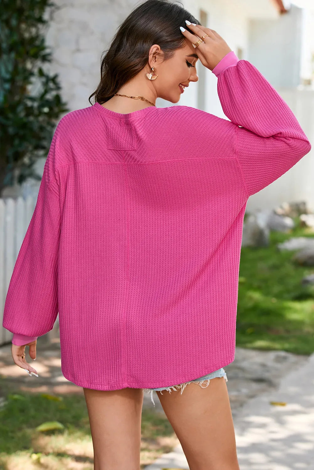 Waffle-Knit V-Neck Long Sleeve Top