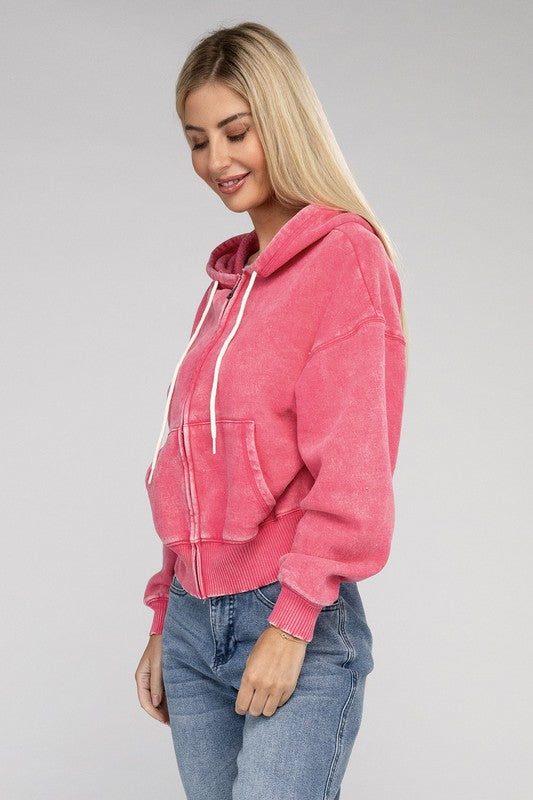 Acid Wash Fleece Cropped Zip-Up Hoodie king-general-store-5710.myshopify.com