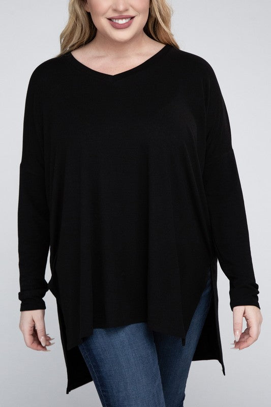 Plus Dolman Sleeve V-Neck Side Slit Hi-Low Hem Top king-general-store-5710.myshopify.com