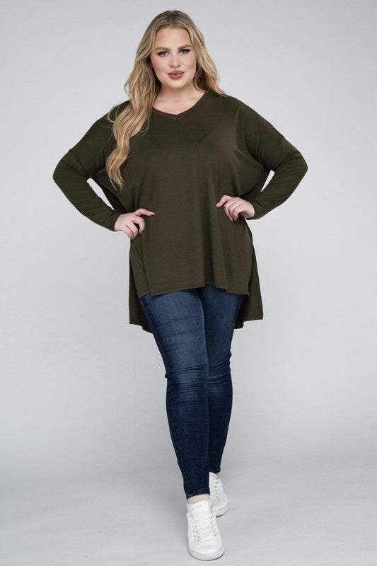 Plus Dolman Sleeve V-Neck Side Slit Hi-Low Hem Top king-general-store-5710.myshopify.com