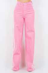 Wide Leg Striped Jeans in Pink