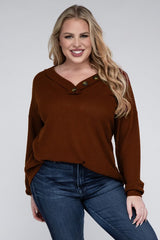 Plus Brushed Waffle V-Neck Button Detail Sweater king-general-store-5710.myshopify.com