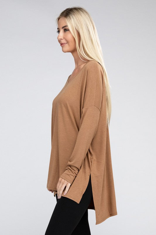 Dolman Long Sleeve V-Neck Side Slit Hi-Low Hem Top king-general-store-5710.myshopify.com