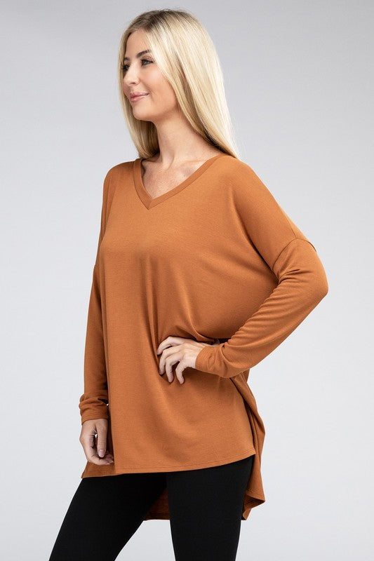 Dolman Long Sleeve V-Neck Side Slit Hi-Low Hem Top king-general-store-5710.myshopify.com