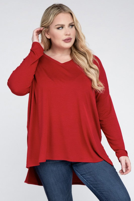 Plus Dolman Sleeve V-Neck Side Slit Hi-Low Hem Top king-general-store-5710.myshopify.com