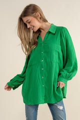 Textured Gauze Button Down Puff Sleeves Blouse Top Shirt