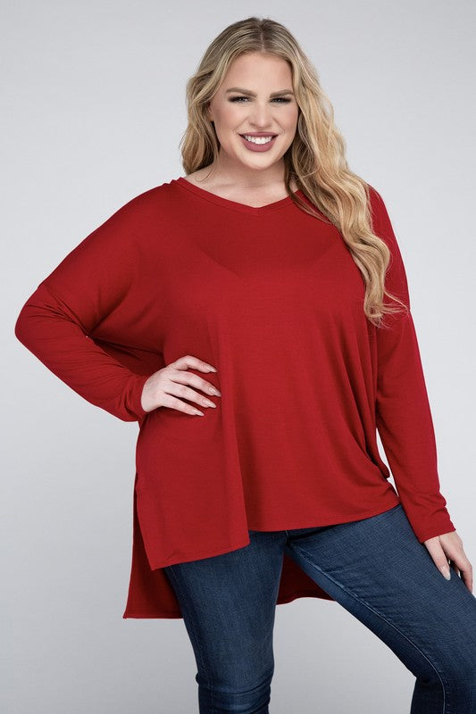 Plus Dolman Sleeve V-Neck Side Slit Hi-Low Hem Top king-general-store-5710.myshopify.com