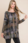 BOMBOM Plaid Round Neck Long Sleeve Top