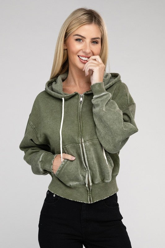 Acid Wash Fleece Cropped Zip-Up Hoodie king-general-store-5710.myshopify.com