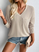 Double Take Pocketed Textured V-Neck Long Sleeve T-Shirt