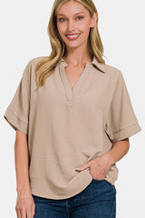 Zenana Texture Collared Neck Short Sleeve Top