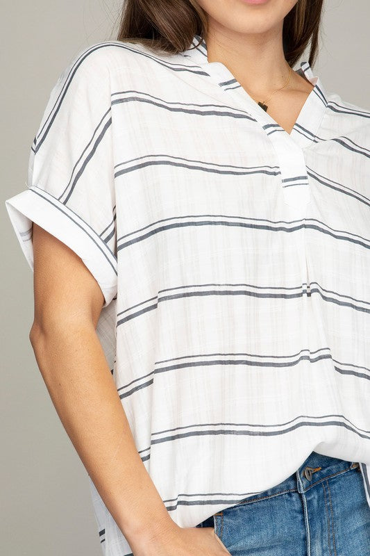 Henley Neck Striped Short Sleeve Shirt