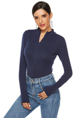 Full Size Ribbed Half Zip Long Sleeve Bodysuit