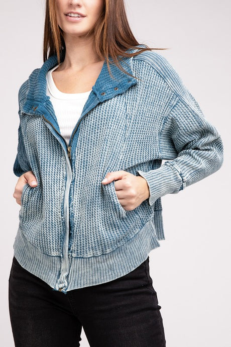 Acid Wash Cotton Waffle Hooded Zip-Up Jacket king-general-store-5710.myshopify.com