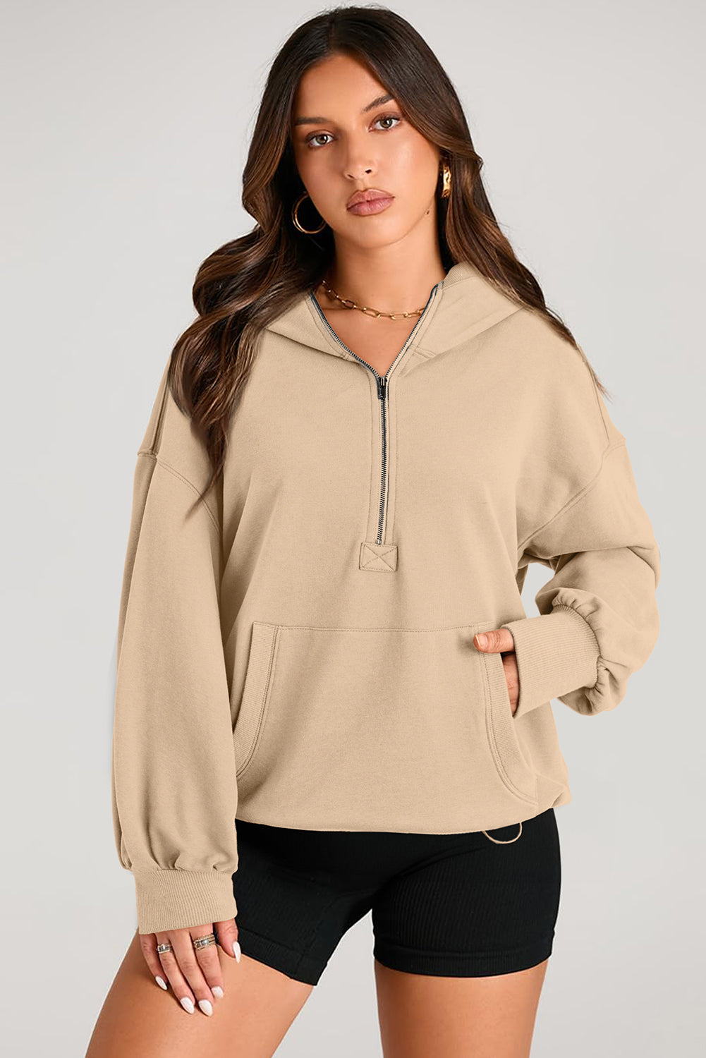 Pocketed Half Zip Long Sleeve Hoodie